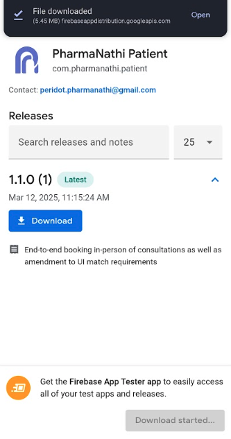 Firebase App Distribution screen for PharmaNathi Patient, showing version 1.1.0 release details, a download button, and a file download confirmation.