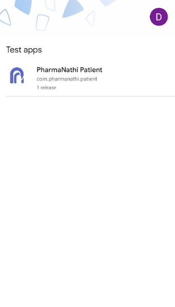 Test apps screen showing PharmaNathi Patient app with purple icon and one available release.