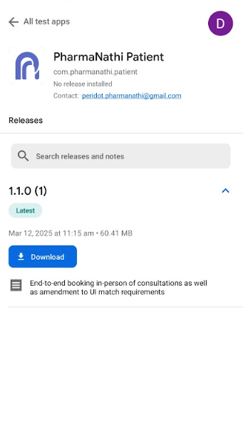 PharmaNathi Patient app release 1.1.0 information screen with download button and feature notes for end-to-end booking.