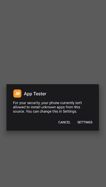 Security warning showing phone cannot install unknown apps from App Tester source with Cancel and Settings buttons.