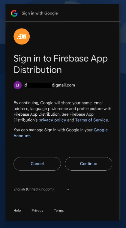 Google sign-in page for Firebase App Distribution featuring a partially redacted Gmail account and consent information.