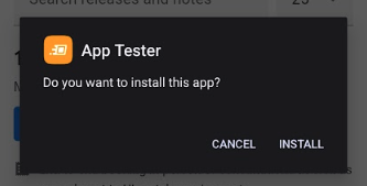 App Tester installation confirmation dialog with orange app icon and install/cancel buttons.