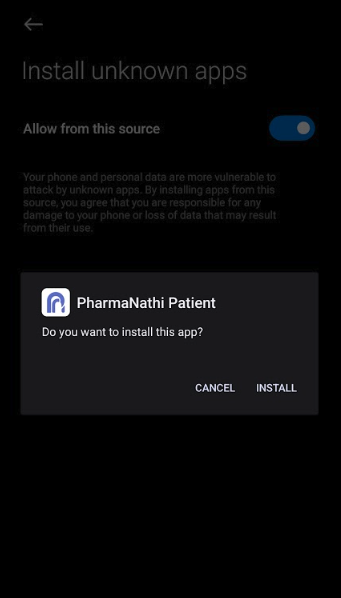 Android "Install unknown apps" permission screen with toggle enabled and PharmaNathi Patient installation prompt.