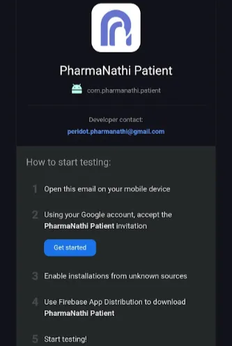 Firebase App Distribution screen for PharmaNathi Patient, showing installation steps and developer contact information.